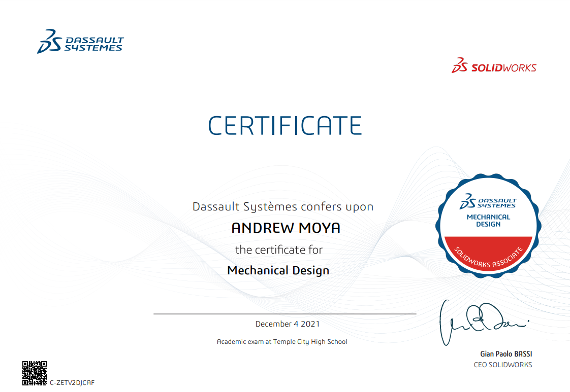 Andrew G. Moya Solidworks Certification